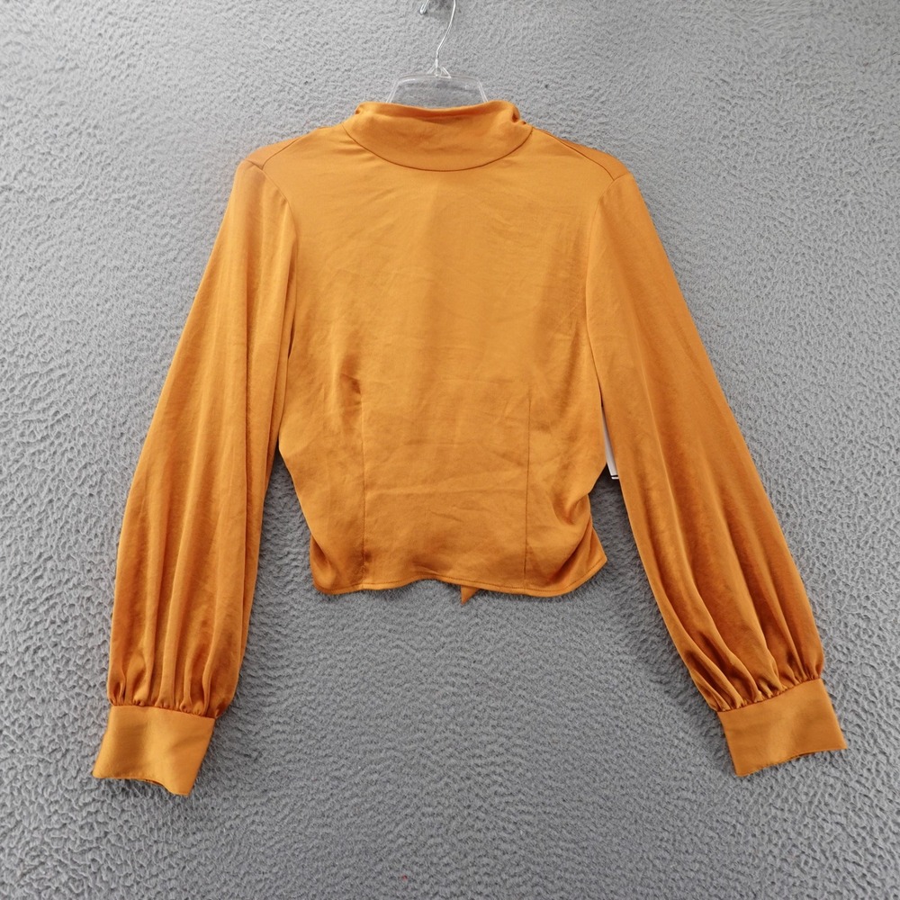 Open Edit Womens Mock Neck Open Tie Back Cropped Blouse Mustard Orange XS NEW